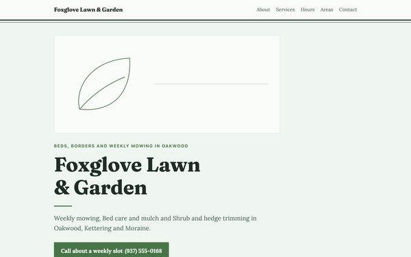 A Starter site for a made-up Oakwood lawn and garden shop: an editorial serif on warm paper, hairline rules, colour kept for the one button.