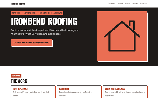 A Starter site for a made-up Miamisburg roofer: near-black hero, an oversized uppercase name, services in outlined blocks with offset shadows.